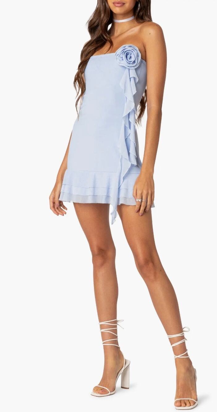 Edikted Thalia Strapless Minidress with Removable Rosette Ruffle Blue Size Small
